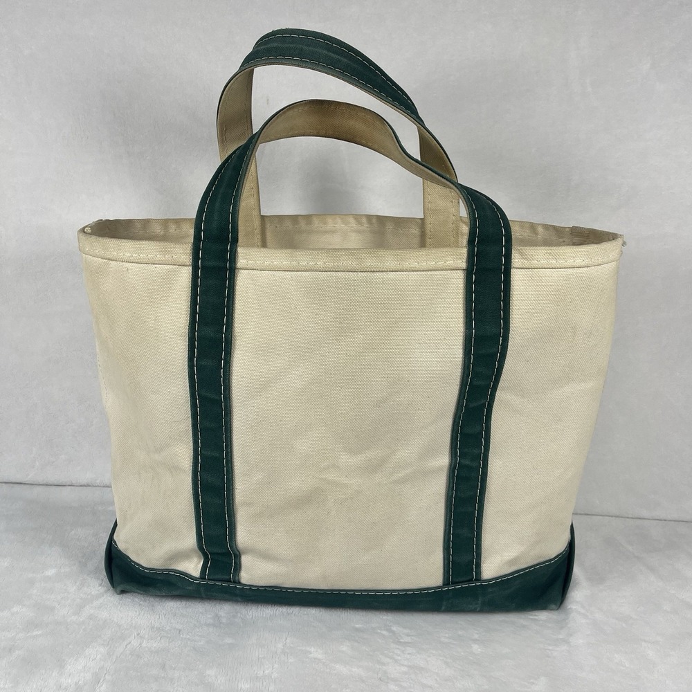 Vintage L.L.Bean Boat and Tote Canvas Bag Beige Green Dog Embroidery Made In USA - Picture 2 of 8